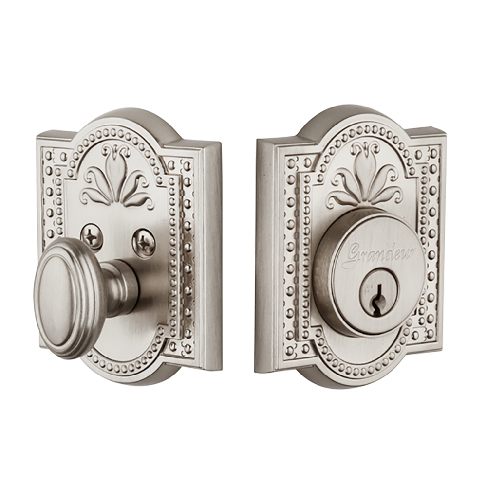 Grandeur Single Cylinder Deadbolt with Parthenon Plate in Timeless 