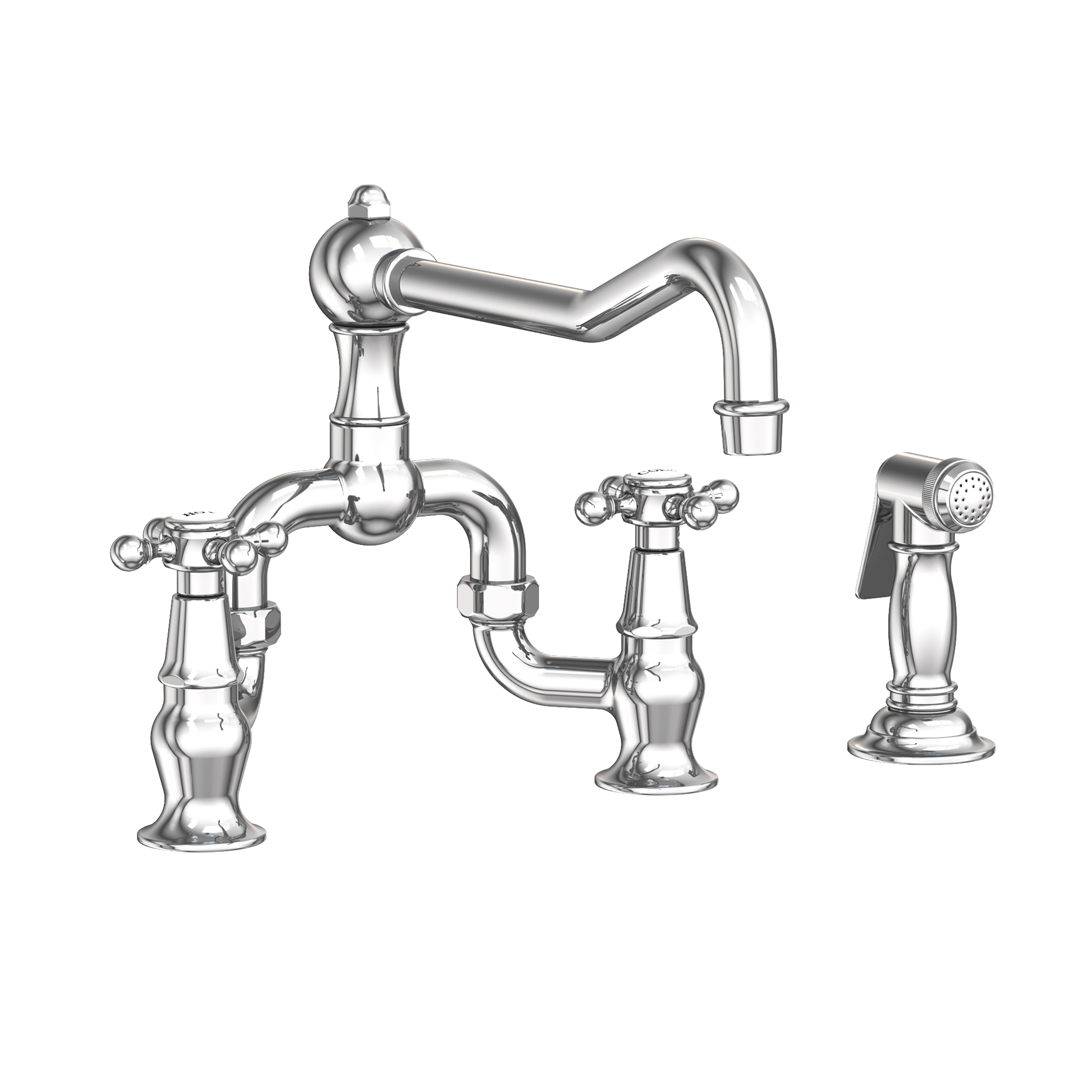 Newport Brass 9452-1 03N Chesterfield Double Handle Bridge Kitchen Faucet with Side Spray and Metal Cross, Polished Brass Uncoated - 3