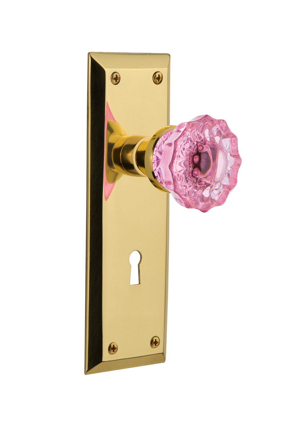 Nostalgic Warehouse 722464 New York Plate Single Dummy Crystal Pink Glass Door Knob in Unlaquered Brass 