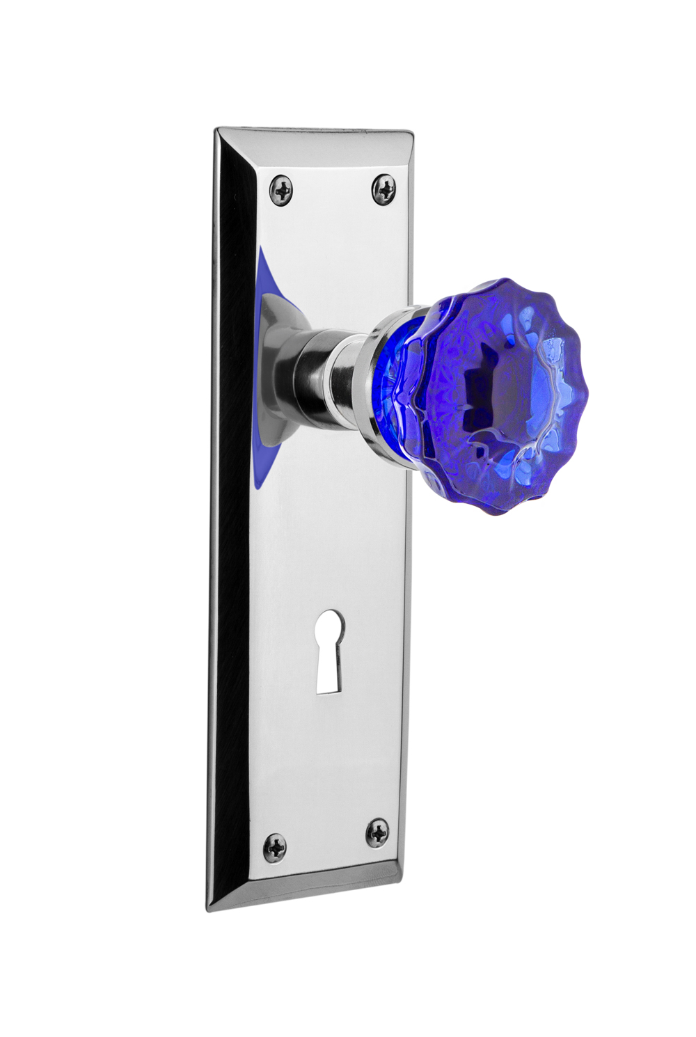 Nostalgic Warehouse 723920 New York Plate with Keyhole Double Dummy Crystal Cobalt Glass Door Knob in Bright Chrome