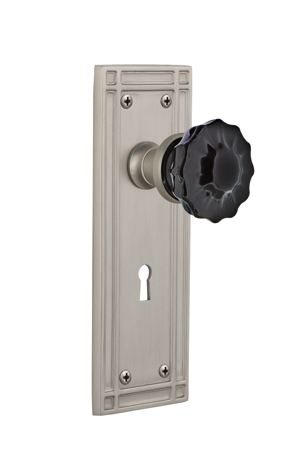 Nostalgic Warehouse 727490 Mission Plate Interior Mortise Crystal Black Glass Door Knob in Satin Nickel 2.25 with Keyhole 